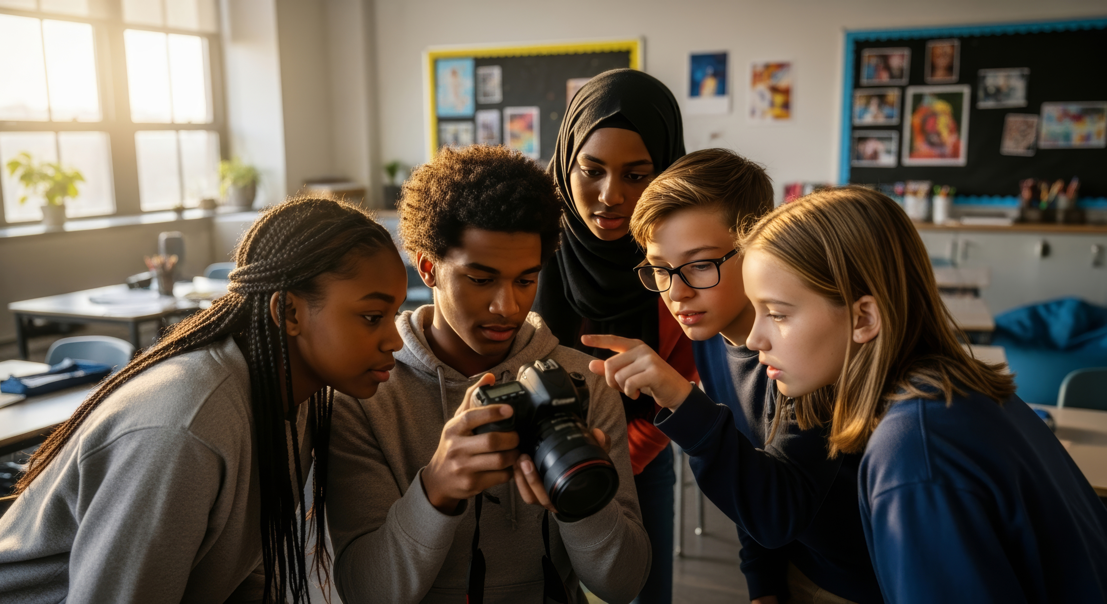 A diverse group of five students closely examining a digital camera in a classroom.