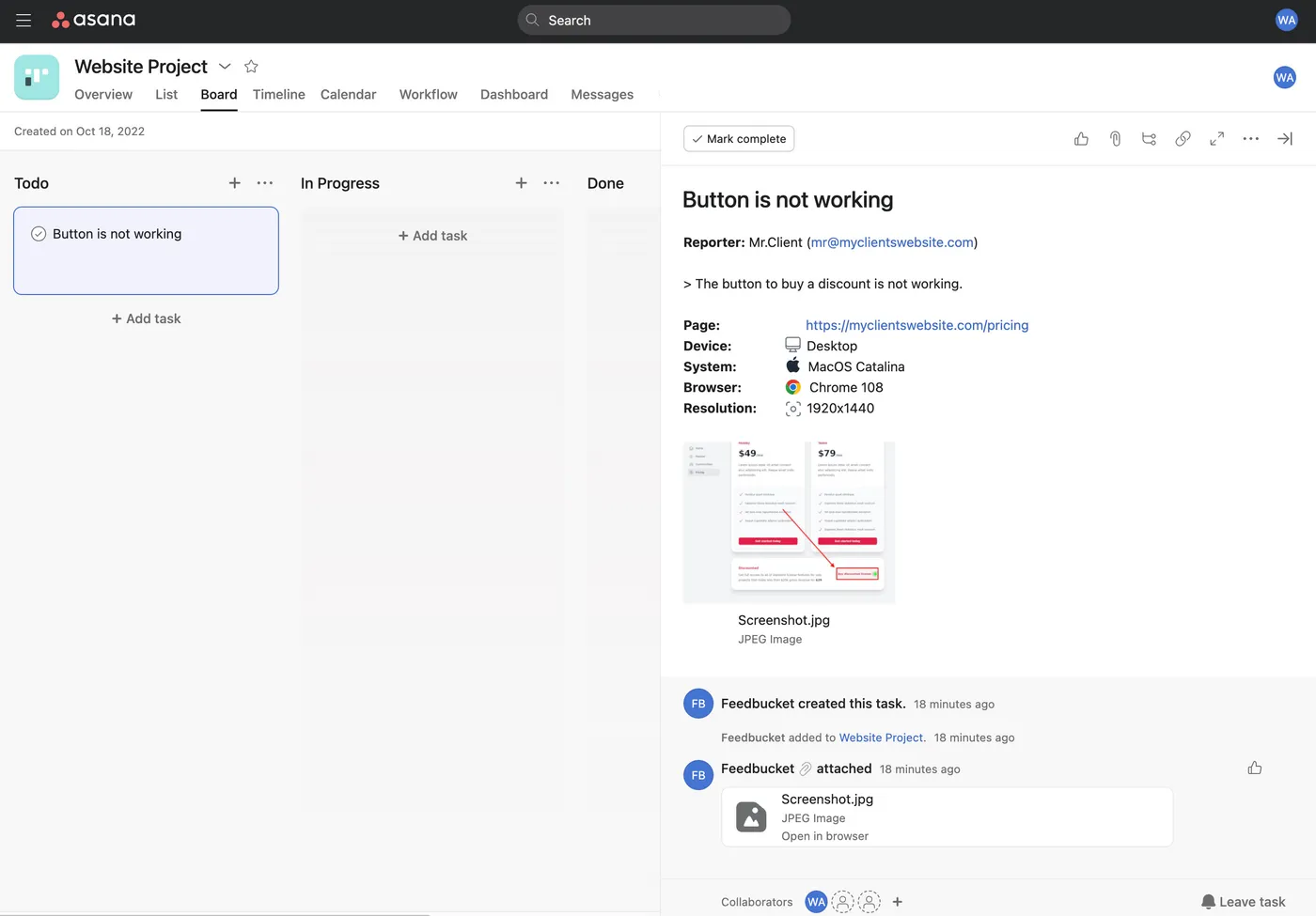 Asana task created from feedbucket with all technical meta data attached and an annotated screenshot.
