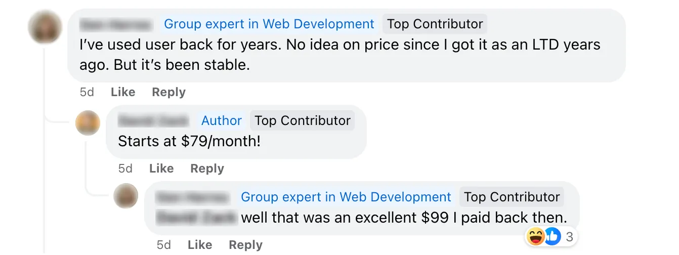 Facebook comment saying that Userback starts at $79 a month which makes it expensive and are therefore looking for Userback alternatives.