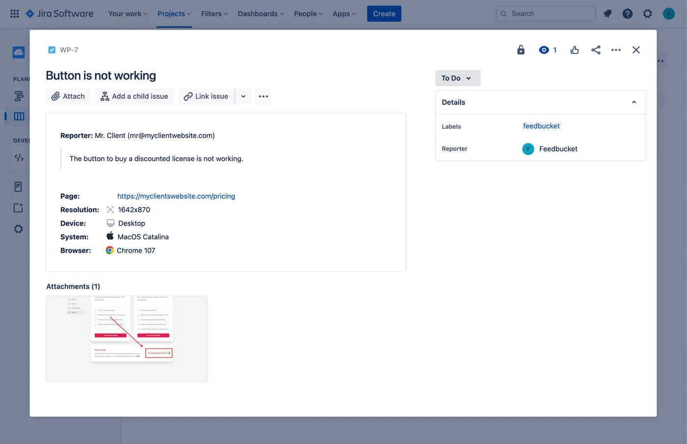 An issue created in JIRA after manual testing on the web application