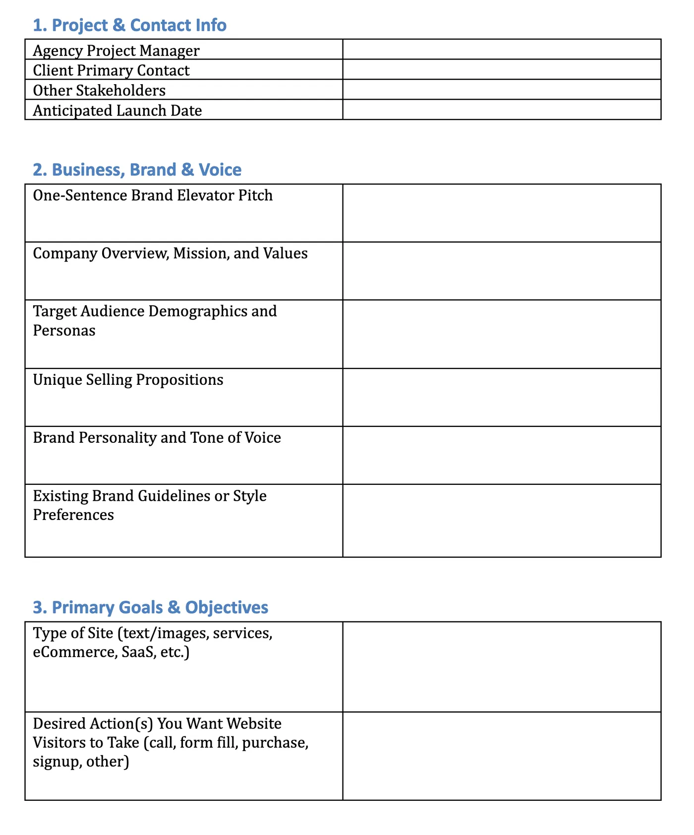 Image of Website Design Questionnaire form in Google Docs