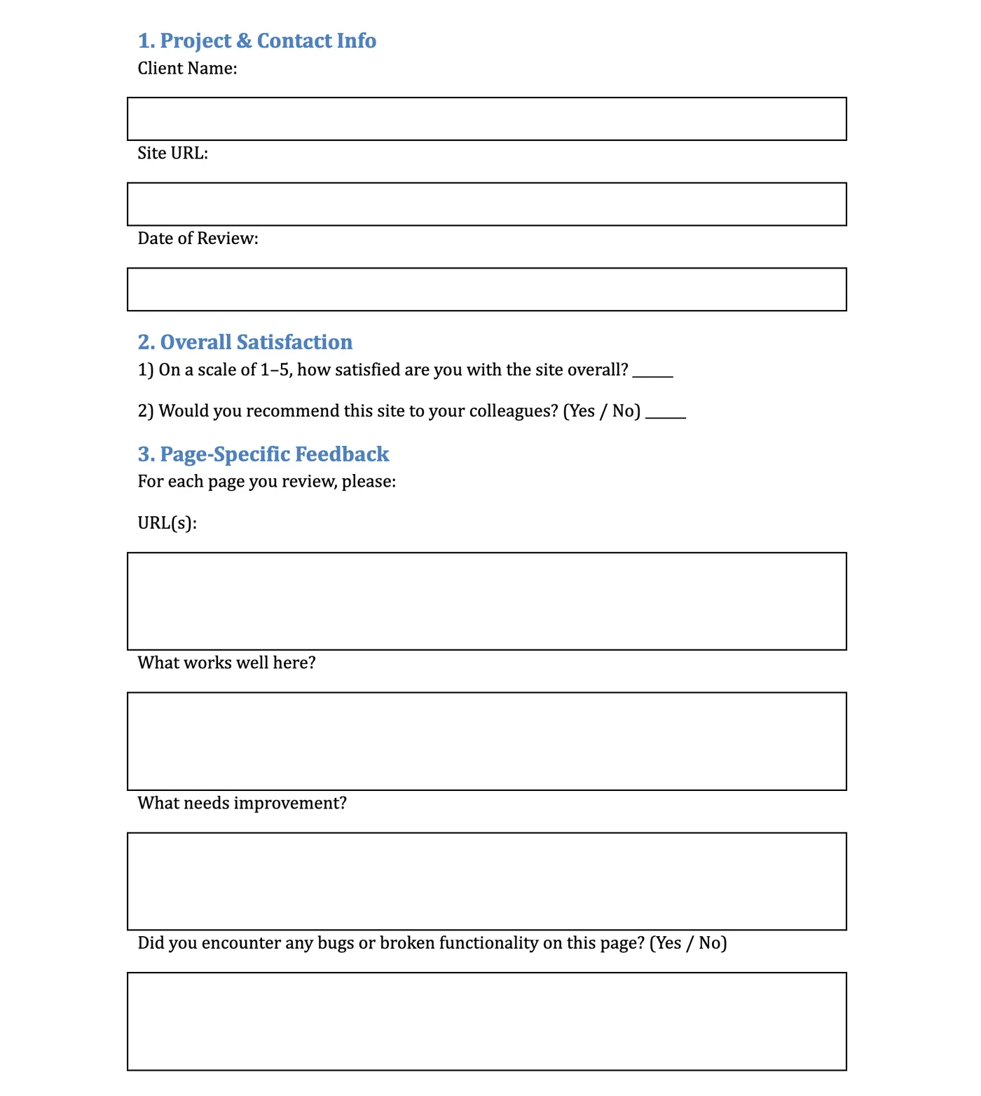Image of Website client feedback form in Google Docs