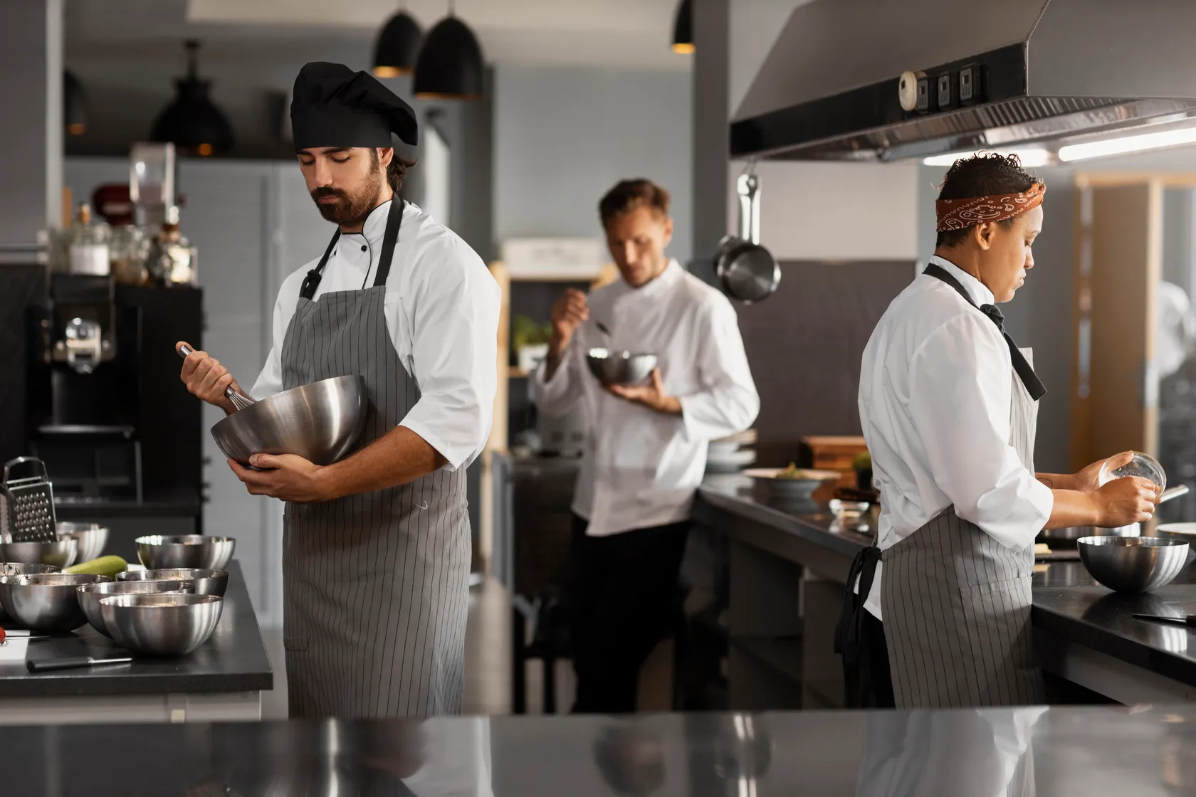 Three chefs working independently in a professional kitchen — why food safety training decays when there is no coaching loop or continuous competence verification