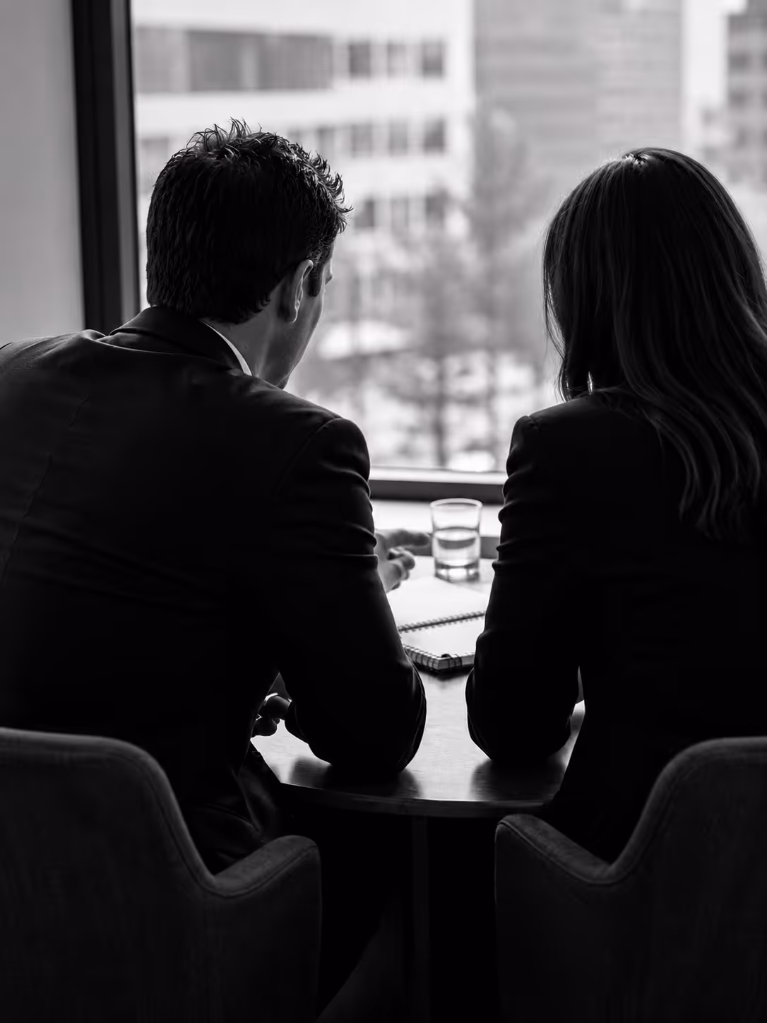 Two business professionals sitting at a table by a window, viewing a notebook and glass of water.