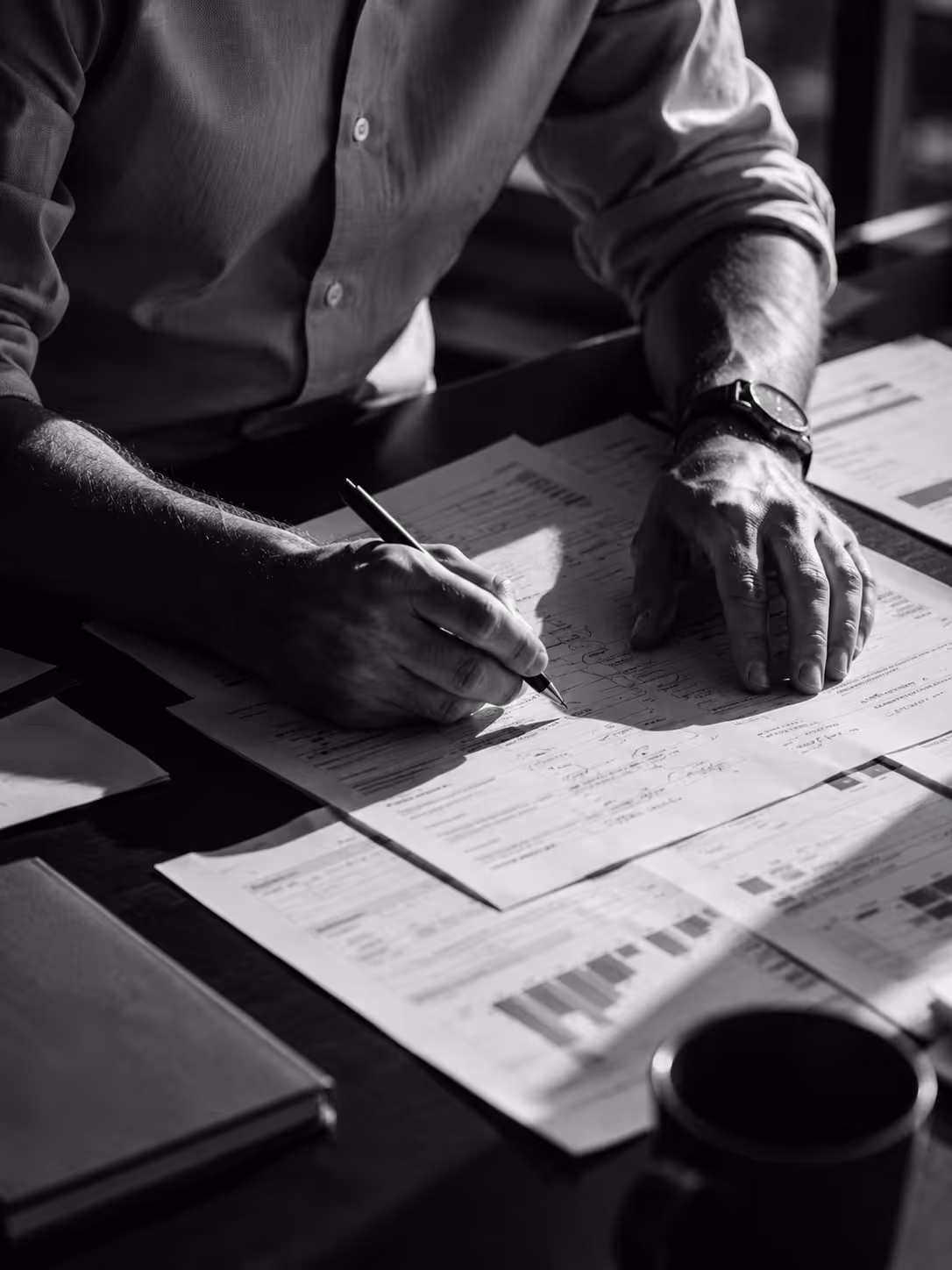 Person wearing watch writing on documents with charts spread out on a table in black and white photo.