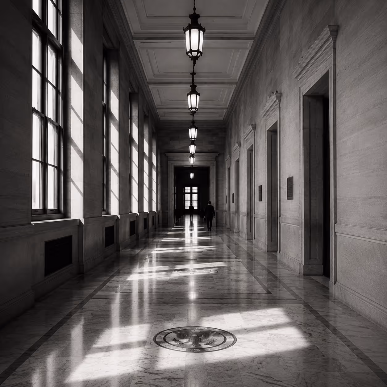 Long marble hallway with tall windows casting shadows and two people walking toward the end.