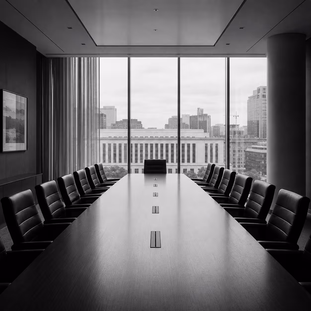 Modern conference room with a long table, leather chairs, and cityscape visible through large windows.
