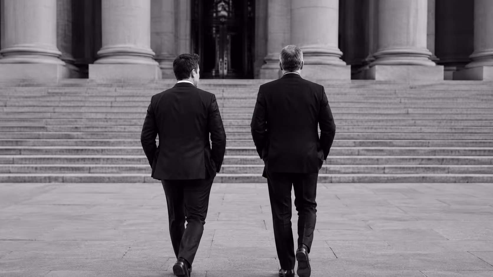 Two men in suits walking up steps towards a large building with columns.
