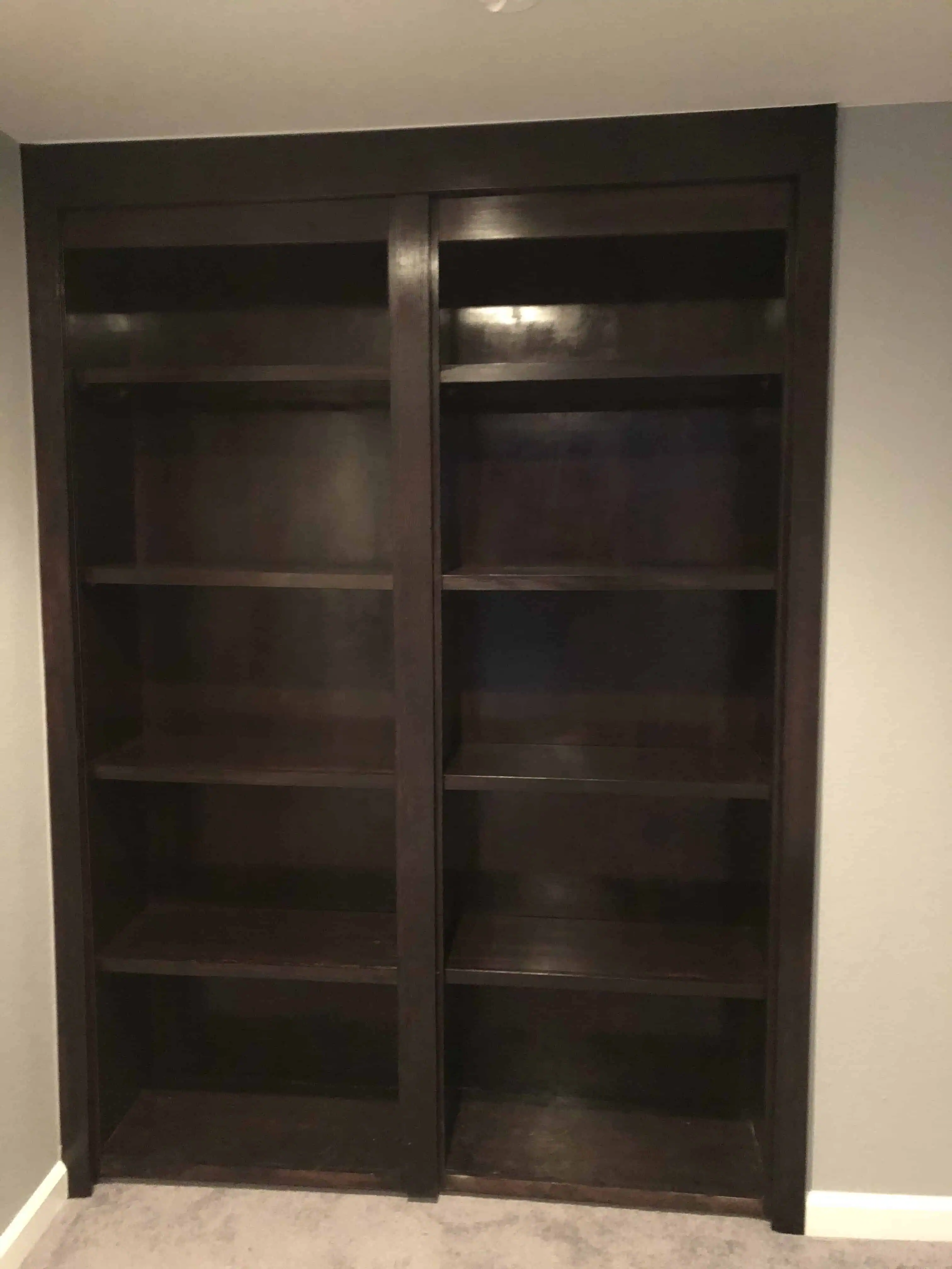 Custom dark wood built-in bookshelves by Blue Mountain Remodeling, Denver home renovation experts.