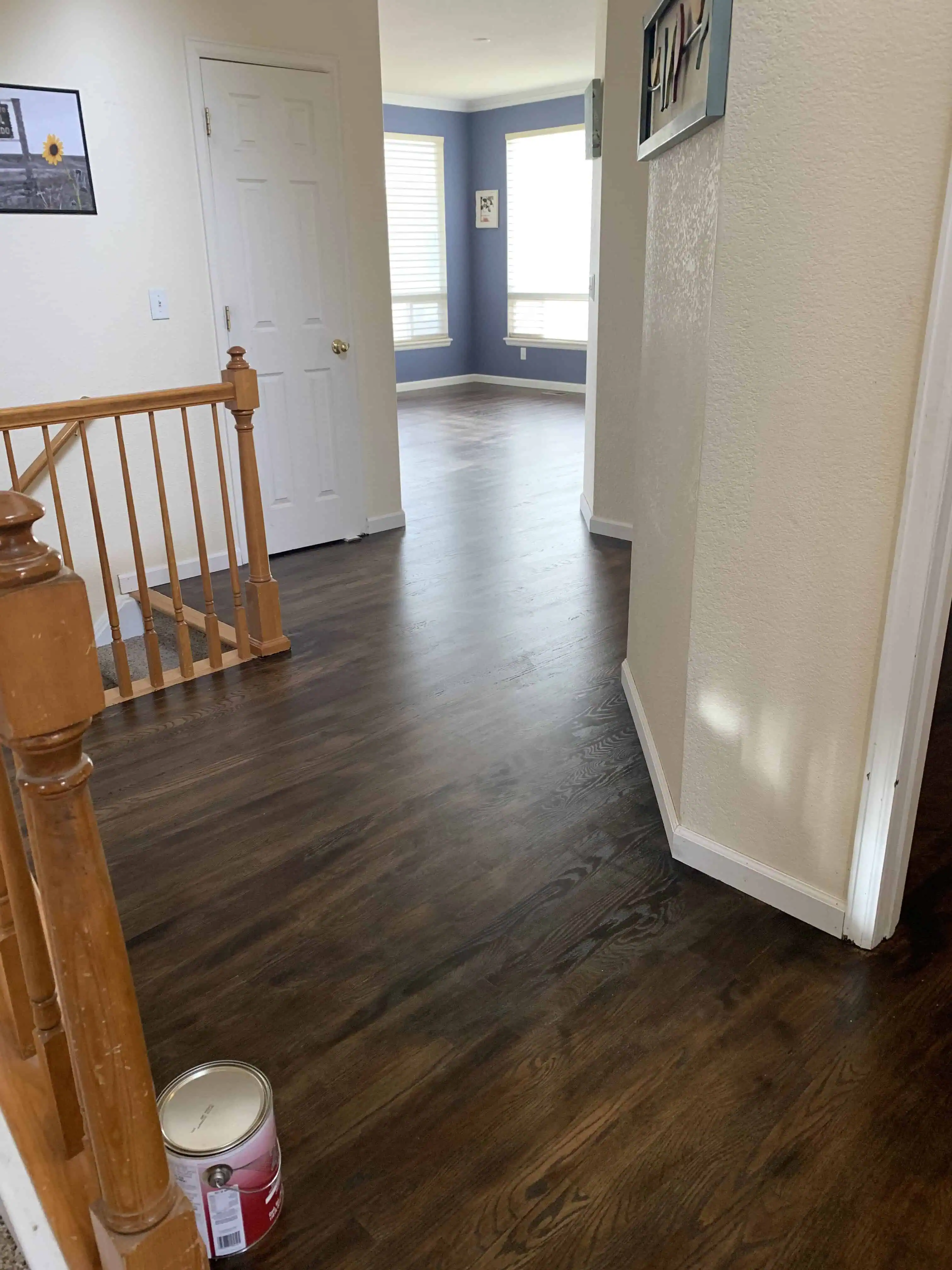 Renovated home interior featuring dark hardwood flooring, white walls, and a blue accent wall with large windows in Denver. Perfect example of Blue Mountain Remodeling's home renovation expertise.