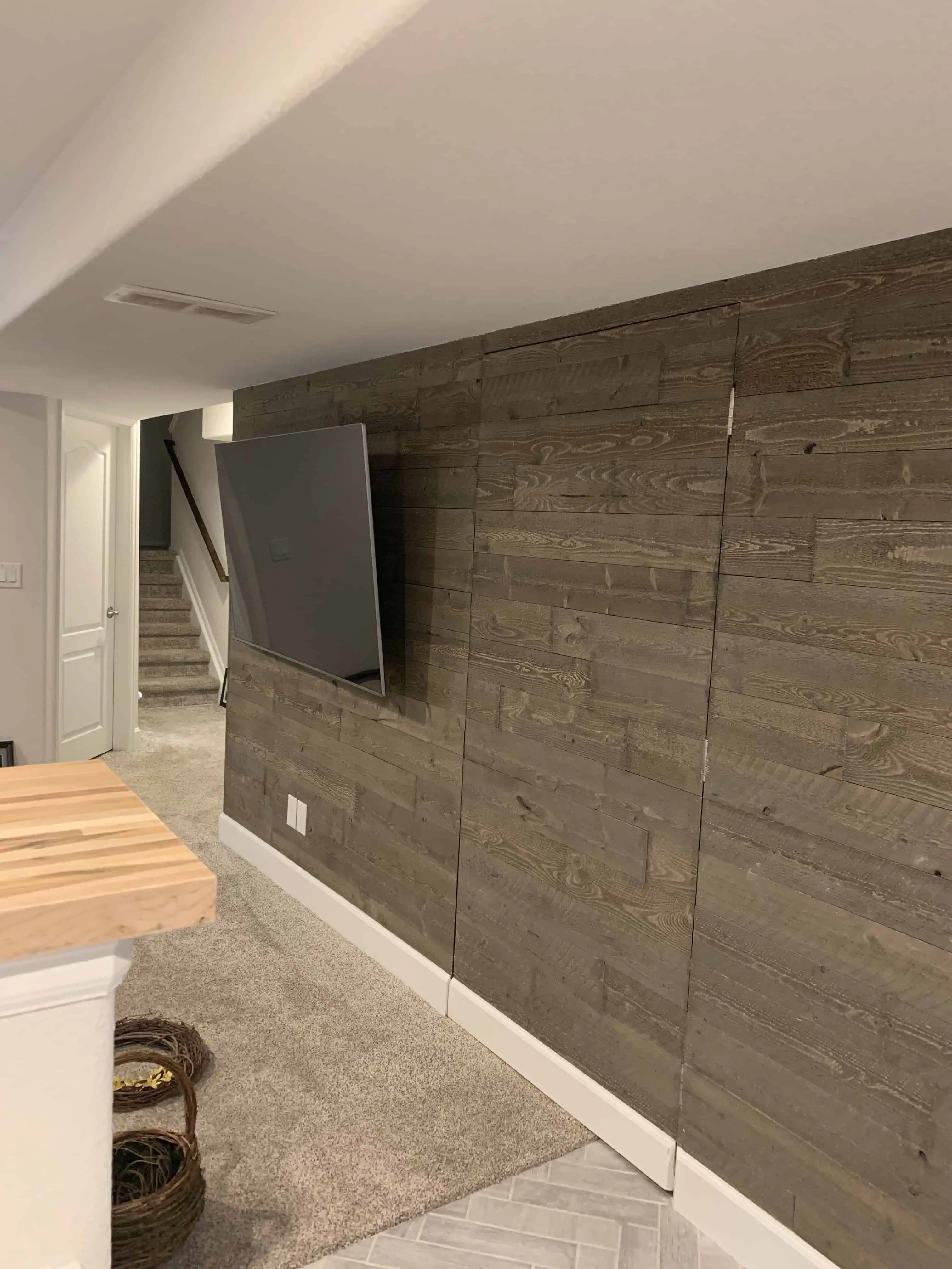 Modern basement renovation with wood-paneled wall and mounted TV by Blue Mountain Remodeling in Denver, showcasing home renovation expertise.