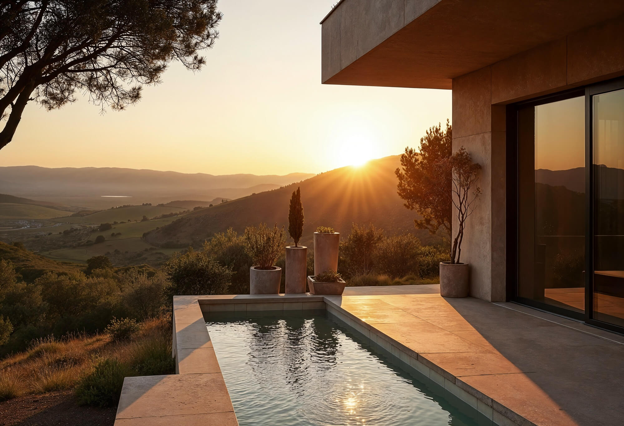 Modern home with a pool overlooking a scenic mountain view at sunset, symbolizing luxury and relaxation offered by Denver's Blue Mountain Remodeling experts.