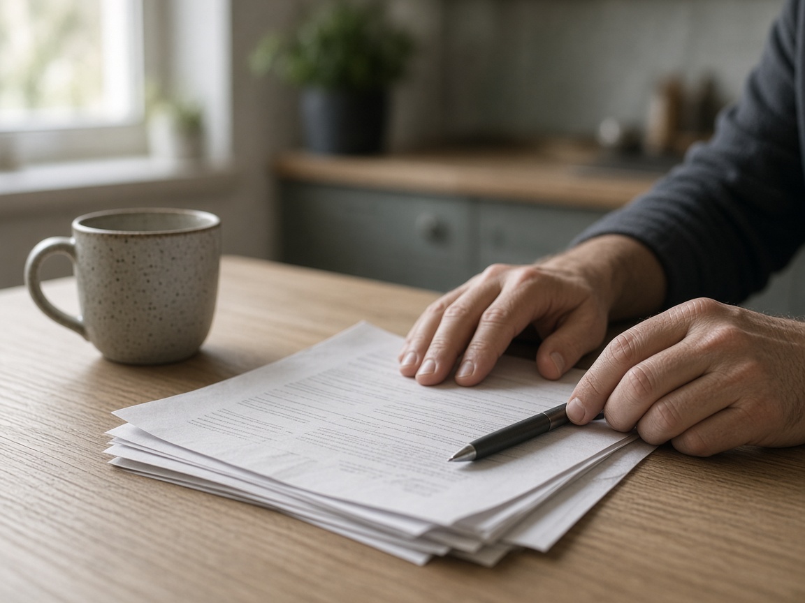 Homeowner reviewing solar contract documents at a wooden desk