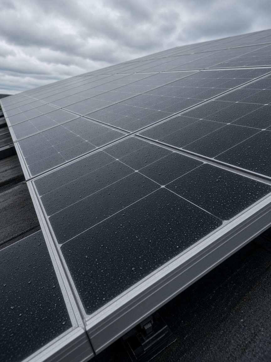 Close-up of rain-beaded solar panels on a residential roof