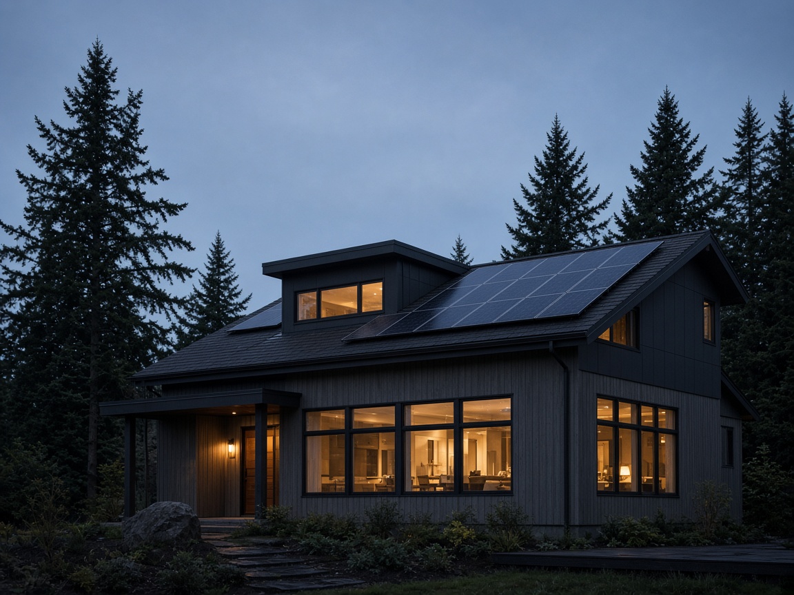 Solar panels on a home roof at dusk with warm sky light