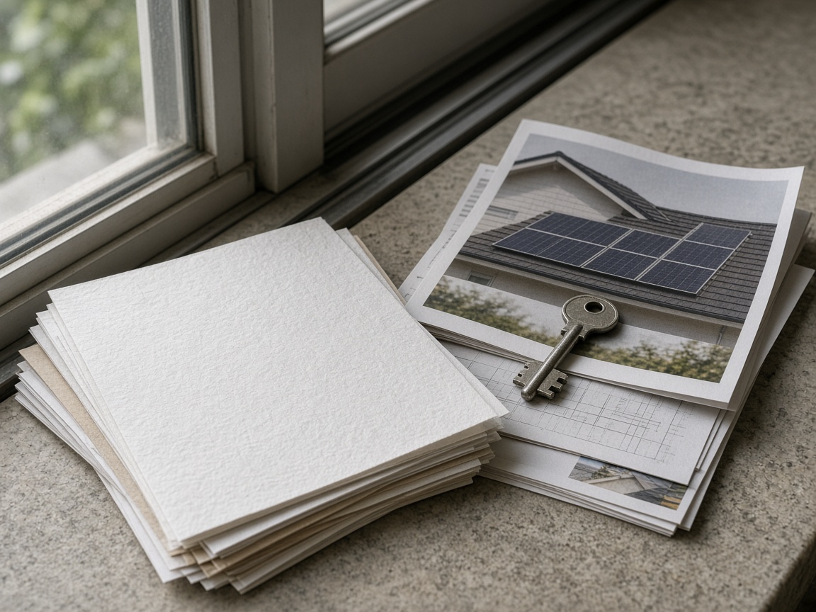 Printed solar agreement pages and pen on a desk