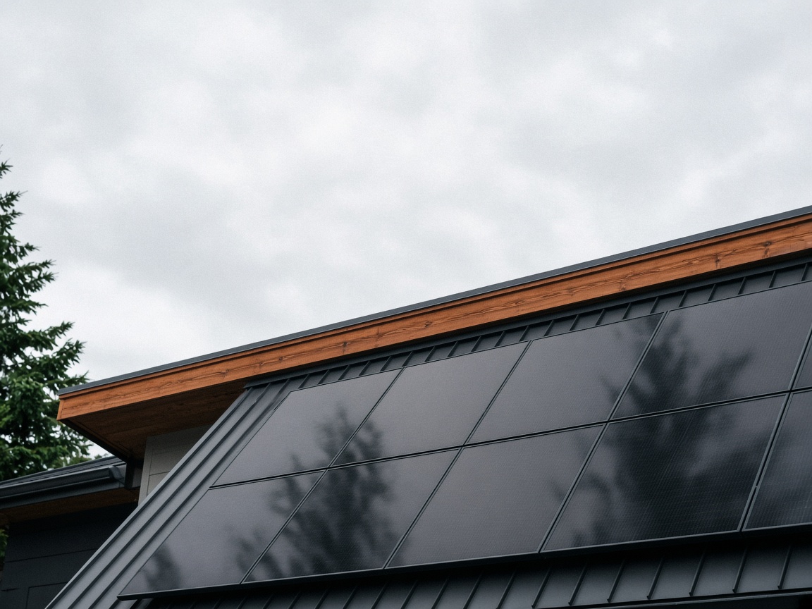 Angled view of dark solar panel array across a residential roof