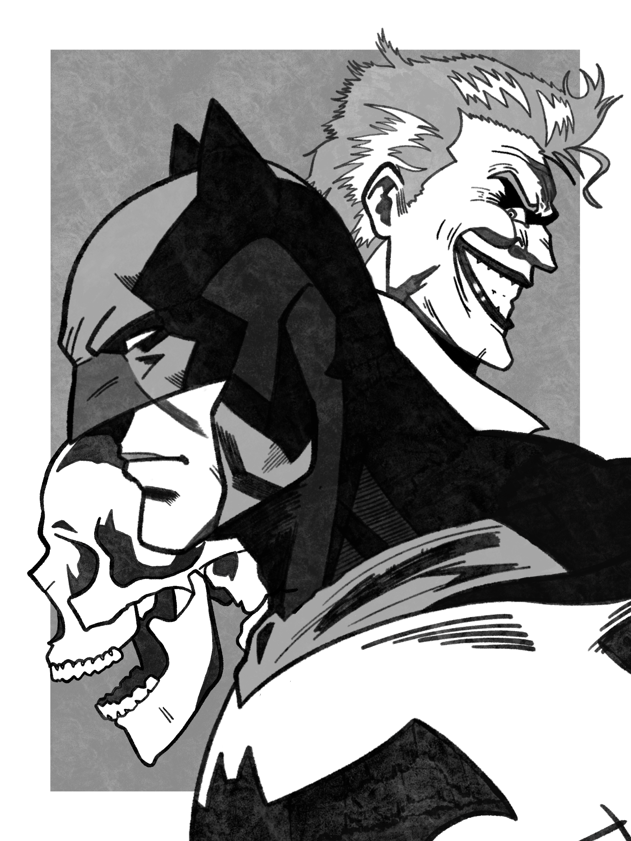 A drawing of Batman, with a skull and the Joker on opposite sides of the picture.