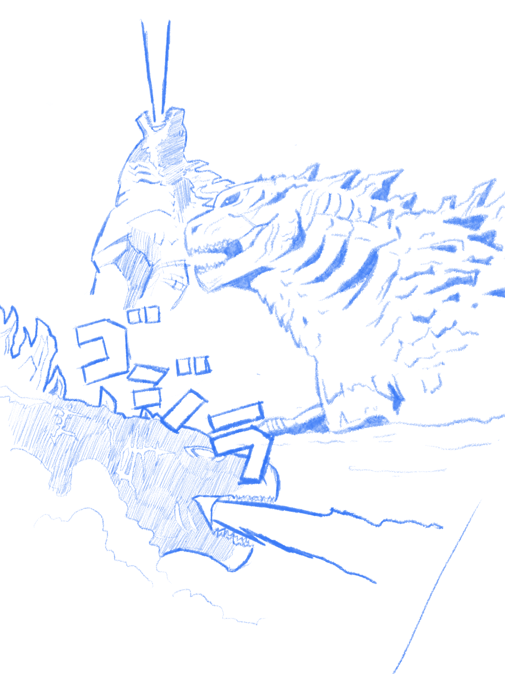 Assorted sketches of Godzilla.