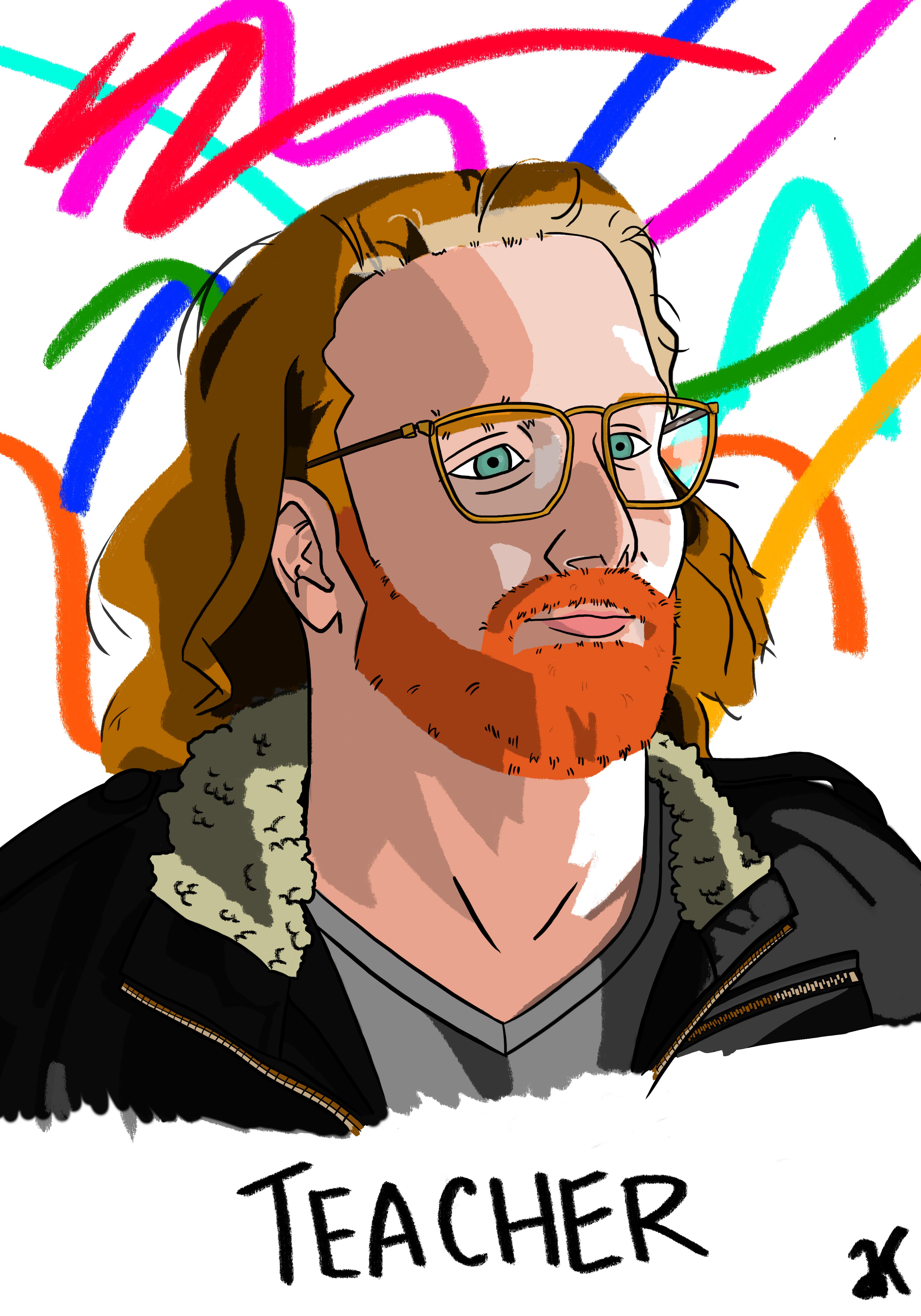 A portrait of a ginger man with glasses and red hair captioned "Teacher".