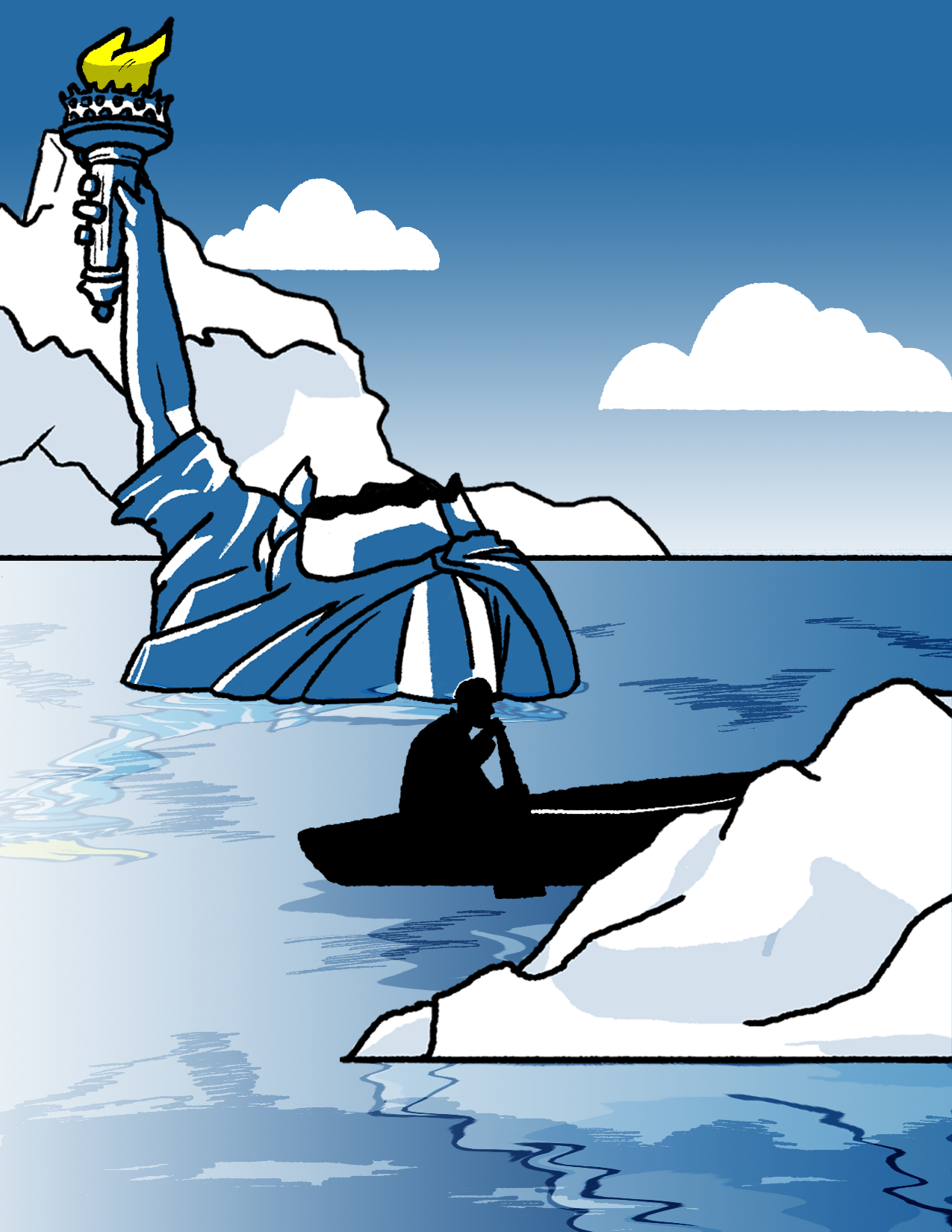 A silhouette of a man steering a boat past icebergs and a destroyed Statue of Liberty.