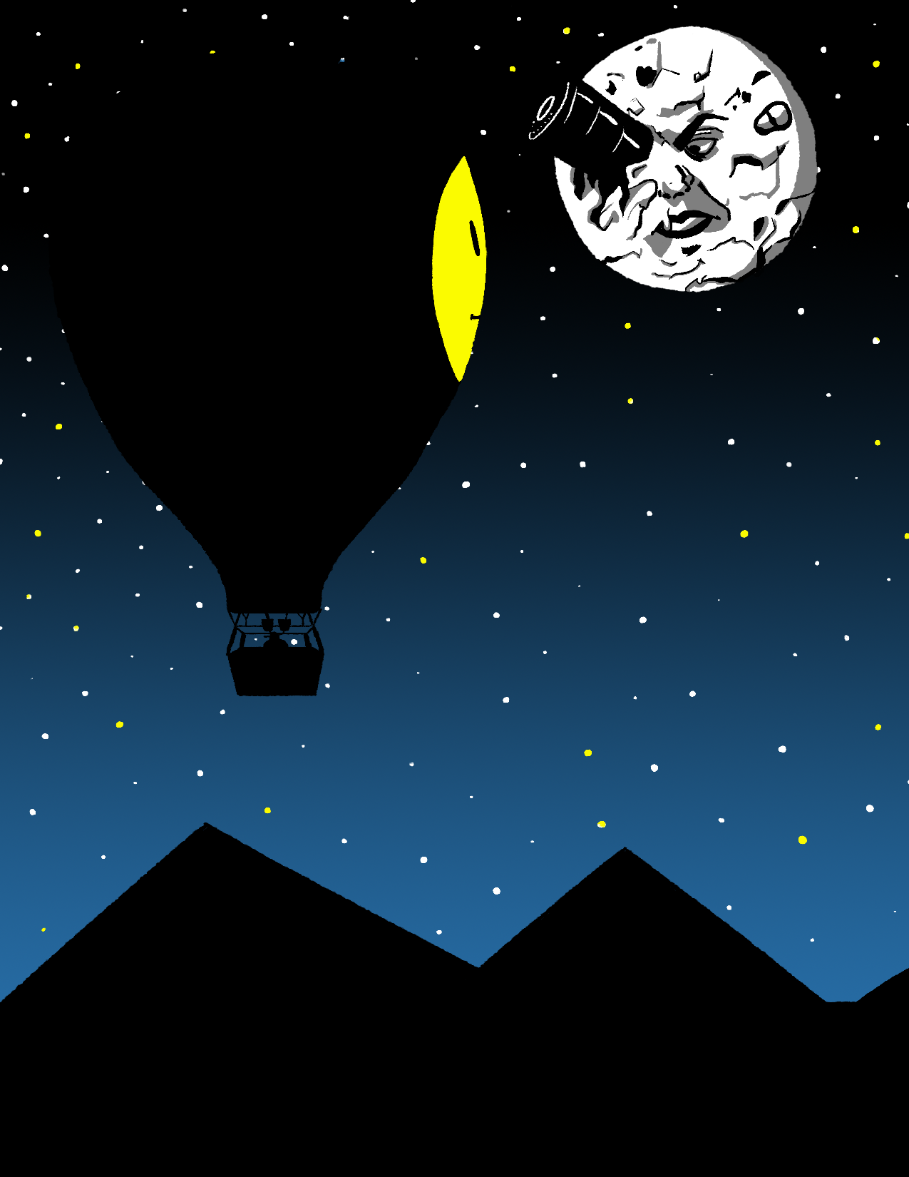 A drawing of a silhouette of a hot-air balloon looking up at the Moon.