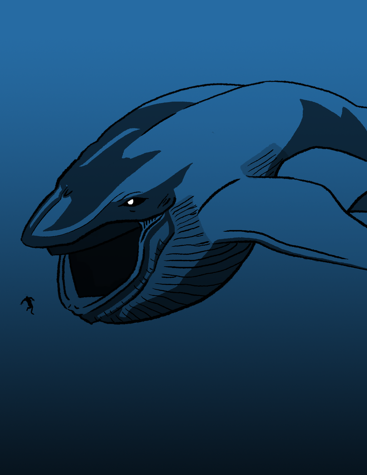 A drawing of a man looking at a whale.