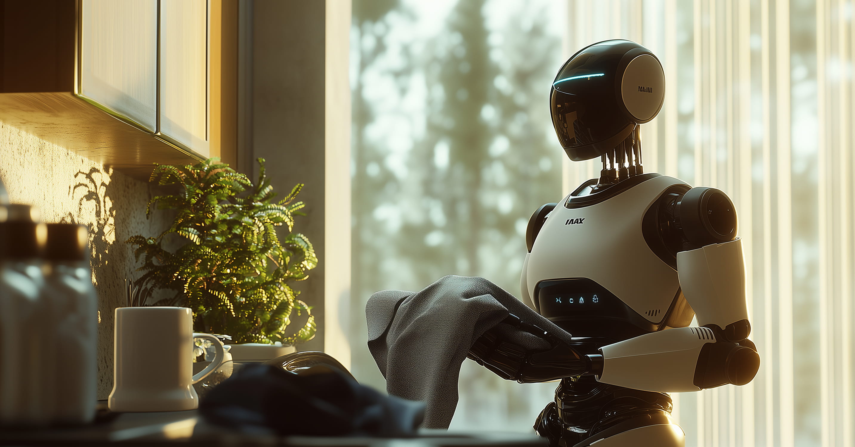 Business science fiction scenario — strategic imagination training by Practical Futures. Humanoid robot drying a dish with a towel in a sunlit kitchen near a plant and a white mug.