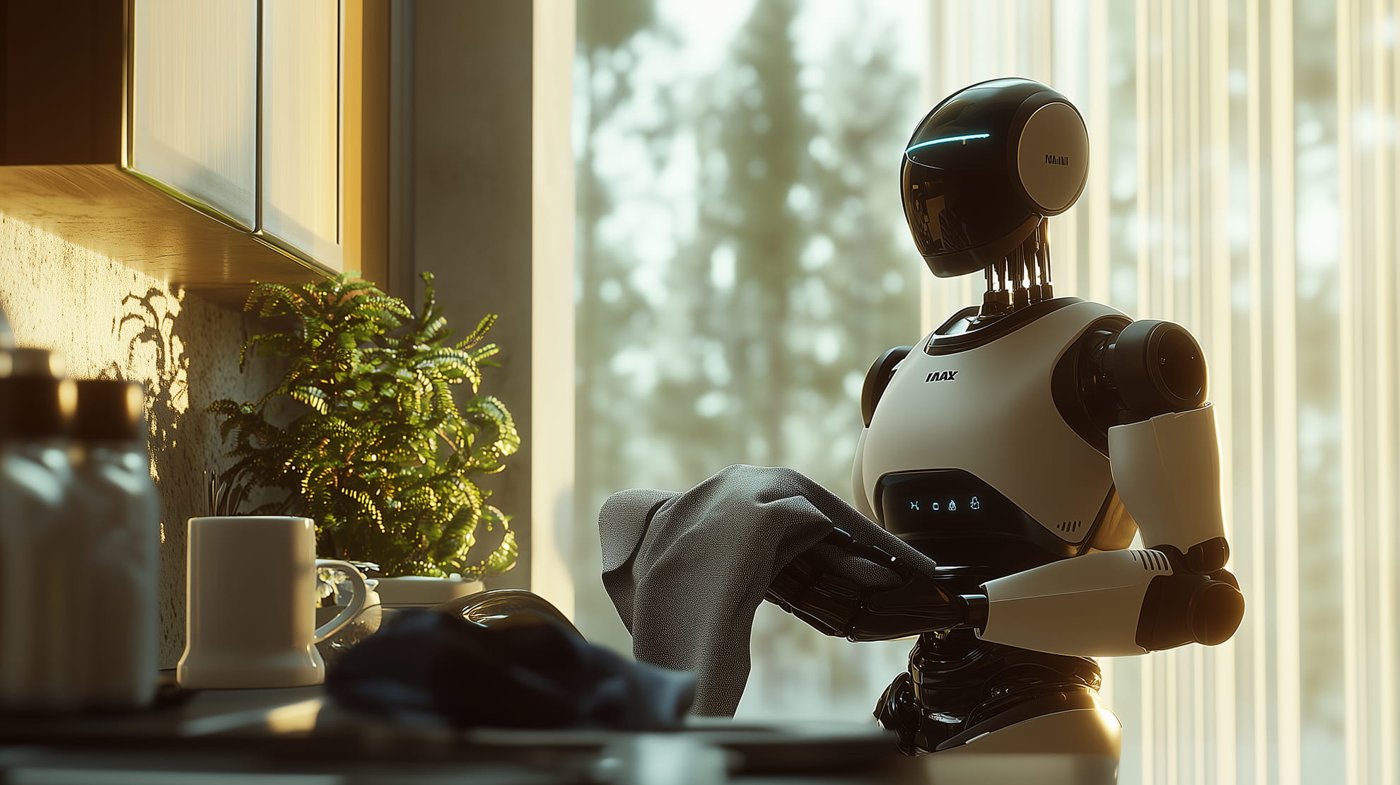 Business science fiction scenario — strategic imagination training by Practical Futures. Humanoid robot drying a dish with a towel in a sunlit kitchen near a plant and a white mug.