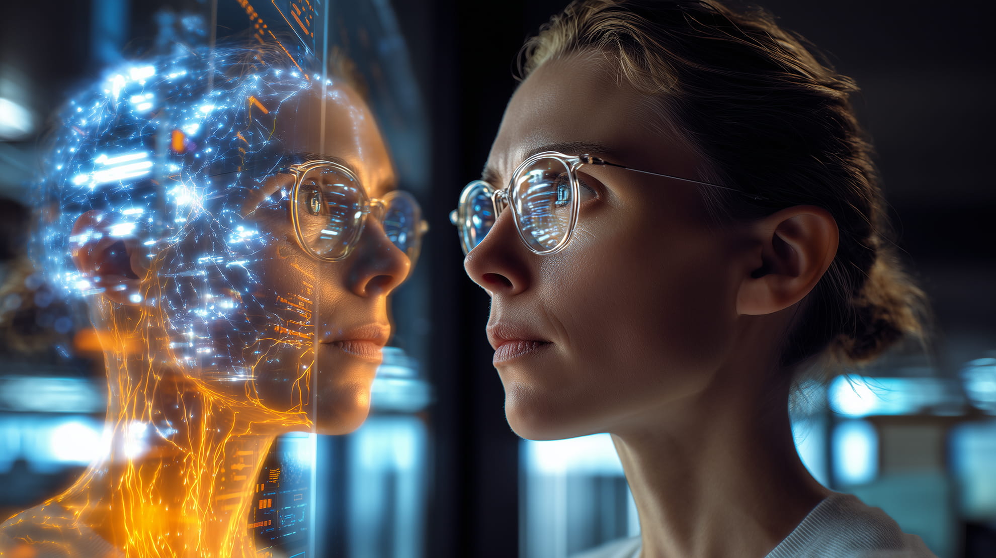 Business science fiction scenario — strategic imagination training by Practical Futures. Young woman wearing glasses looking at a digital holographic projection of her face with neural network patterns.