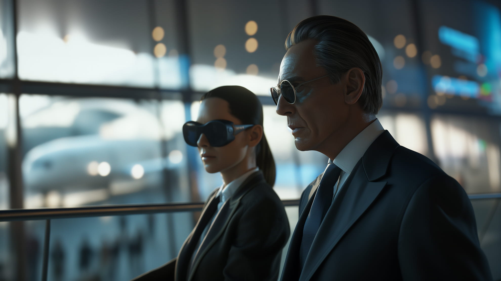 Business science fiction scenario — strategic imagination training by Practical Futures. Two serious-looking individuals in suits wearing sunglasses sitting in an airport terminal with a plane visible outside the window.