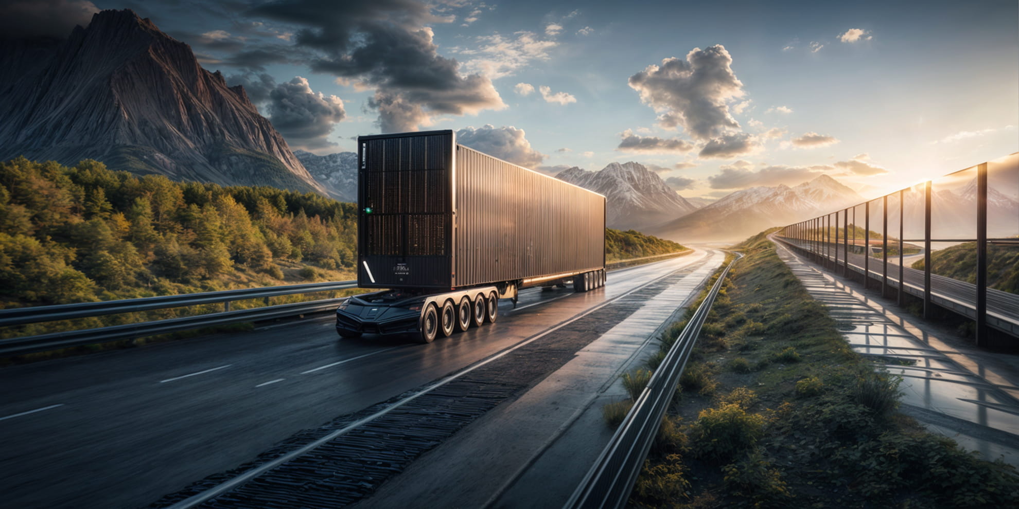 Business science fiction scenario — strategic imagination training by Practical Futures. Futuristic autonomous black semi-truck driving on a highway surrounded by forested mountains at sunrise.
