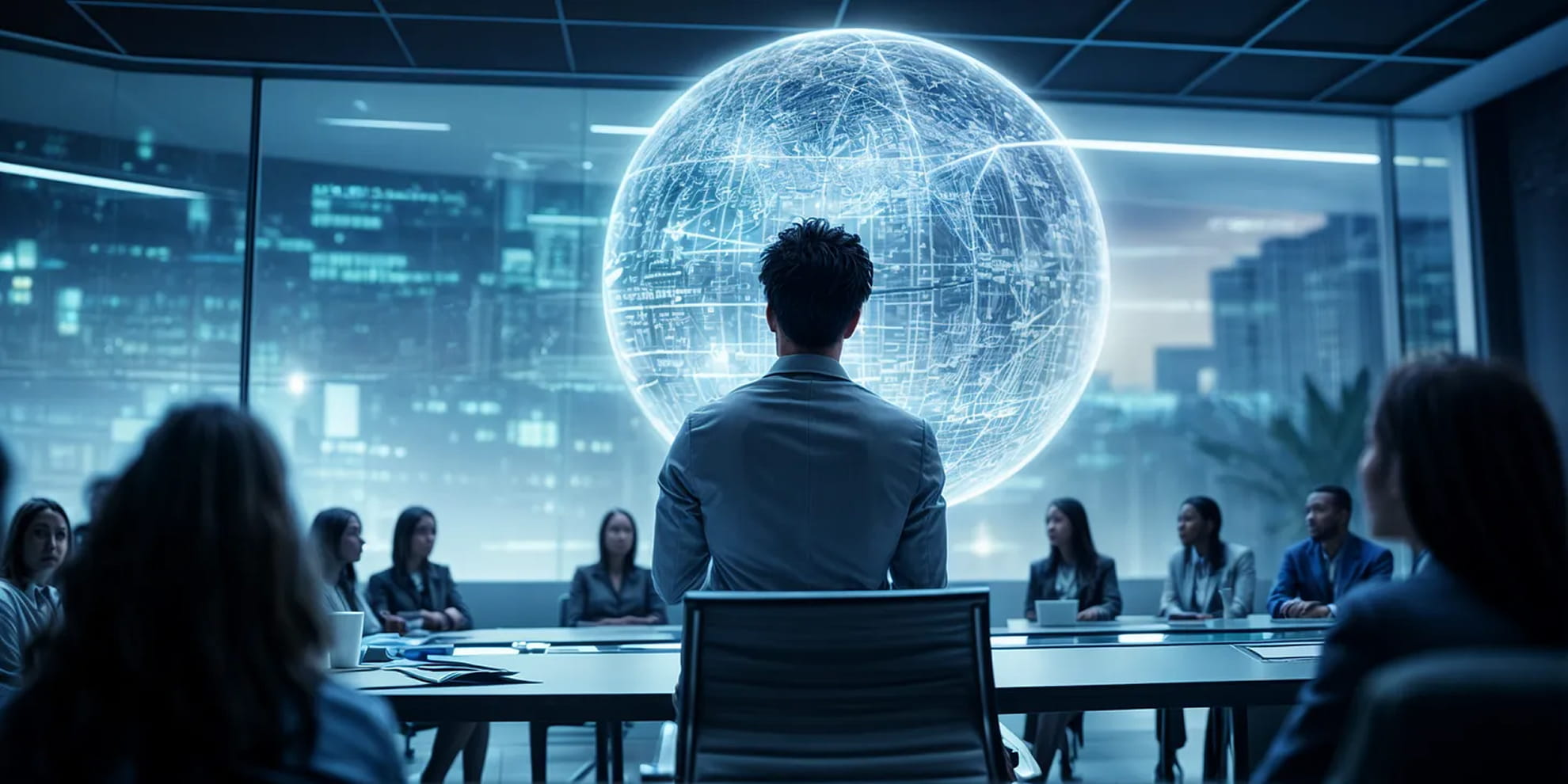 Business science fiction scenario — strategic imagination training by Practical Futures. Business team in conference room with a digital holographic globe projected in front of a man leading the meeting.