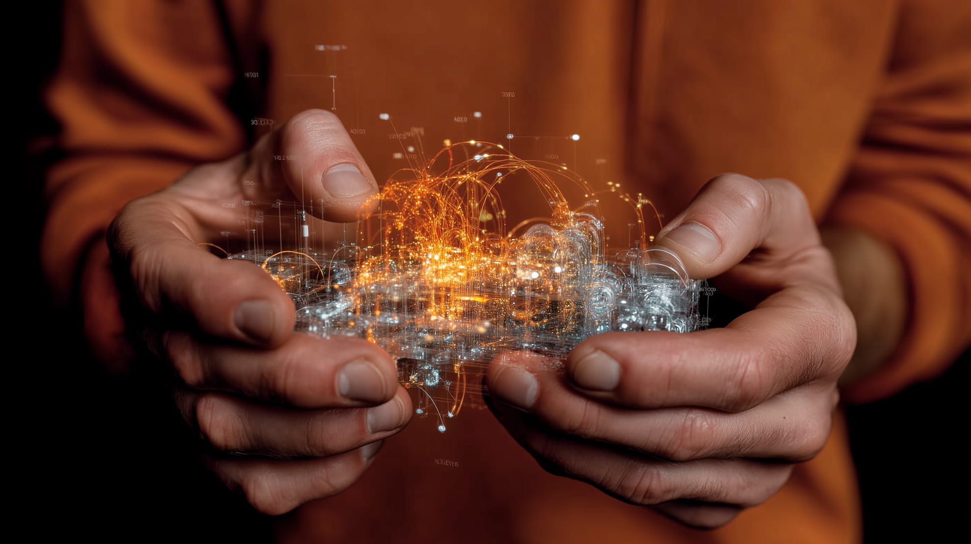 Business science fiction scenario — strategic imagination training by Practical Futures. Hands holding a glowing digital network hologram with orange and white light trails and data points.