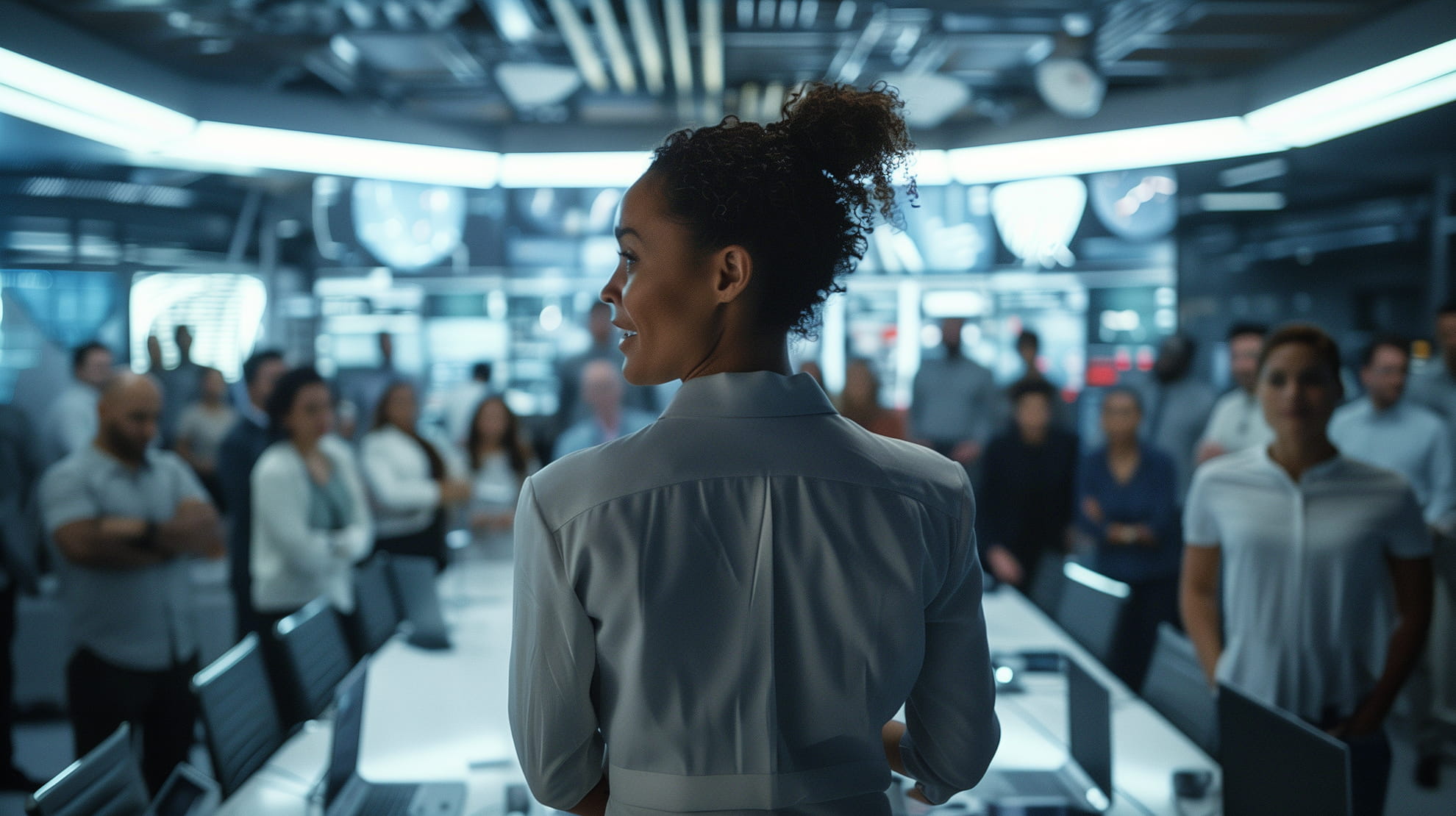 Business science fiction scenario — strategic imagination training by Practical Futures. Woman with curly hair in a bun addressing a group of people in a modern office or control room.