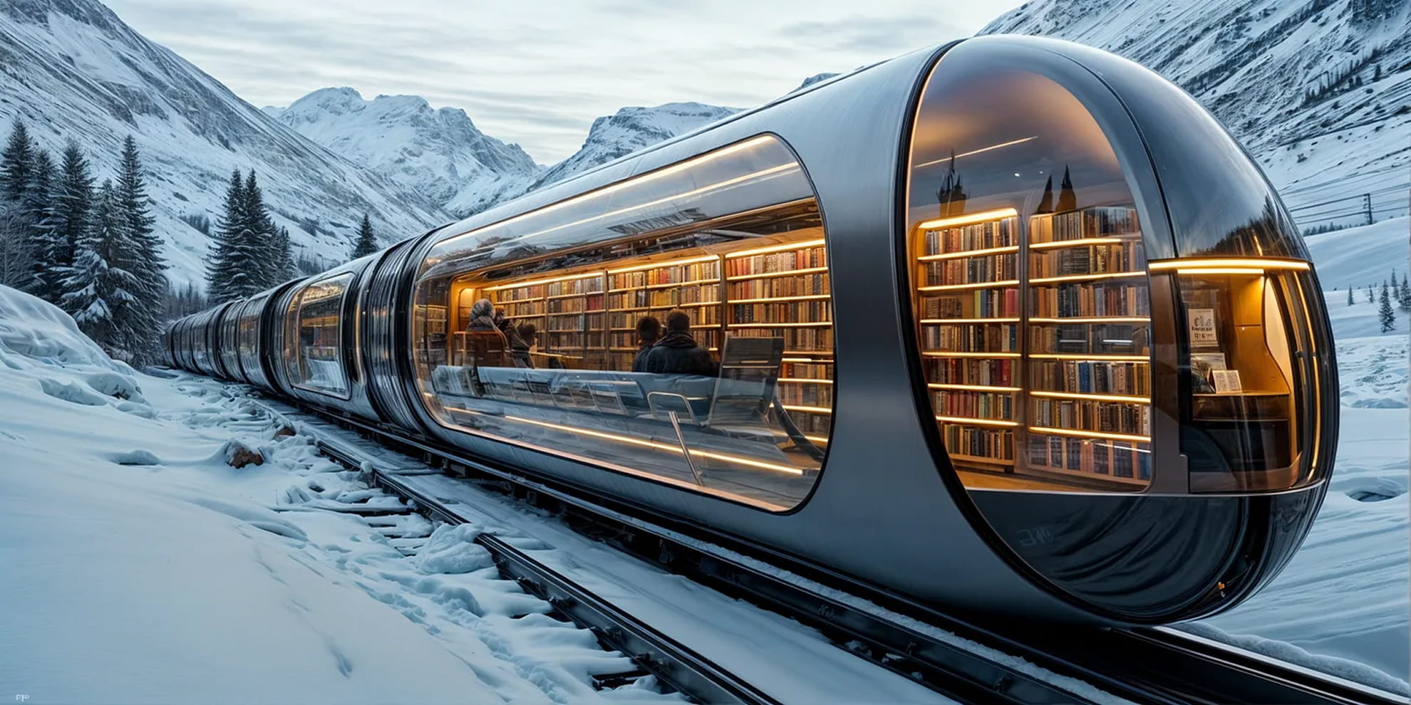 Business science fiction scenario — strategic imagination training by Practical Futures. Futuristic train with glass walls showcasing a cozy library interior, traveling through a snowy mountain landscape.