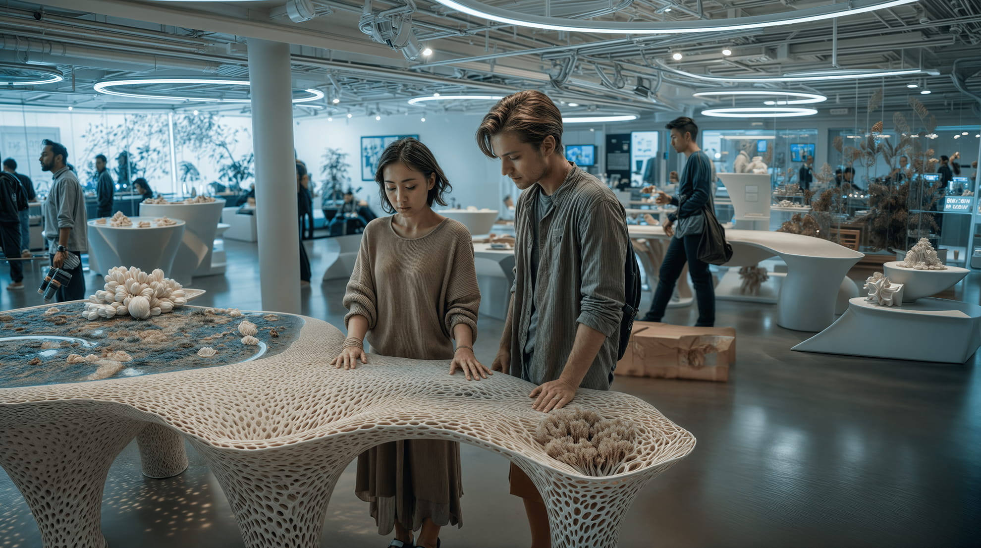 Business science fiction scenario — strategic imagination training by Practical Futures. Young man and woman examining an intricate, organic-shaped exhibition table with art pieces in a modern gallery.