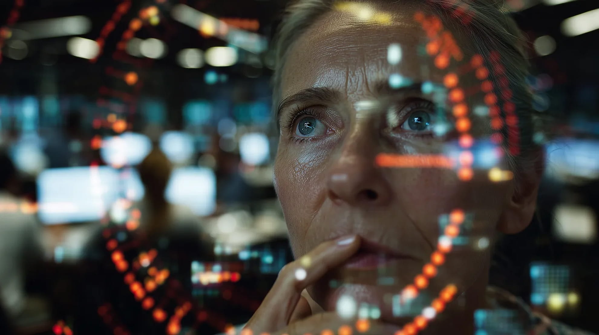 Business science fiction scenario — strategic imagination training by Practical Futures. Close-up of a woman with blue eyes thoughtfully looking through a transparent screen displaying colorful data and circular patterns.