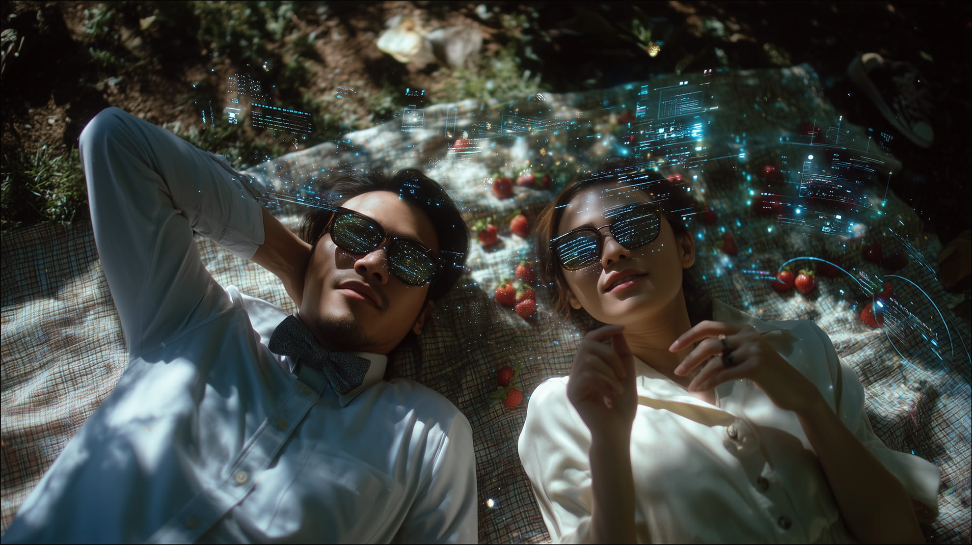 Business science fiction scenario — strategic imagination training by Practical Futures. Man and woman wearing sunglasses lying on a plaid blanket outdoors with strawberries scattered around, digital futuristic holograms reflected on their sunglasses and faces.