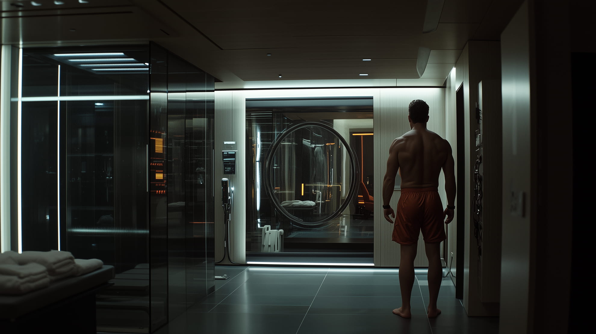 Business science fiction scenario — strategic imagination training by Practical Futures. Shirtless muscular man wearing orange shorts standing barefoot in a modern dimly lit bathroom facing a large mirror.
