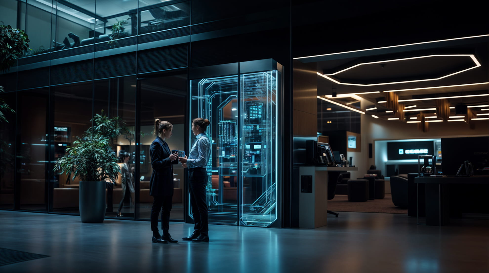 Business science fiction scenario — strategic imagination training by Practical Futures. Two businesswomen having a conversation in a modern office lobby near a holographic digital display.