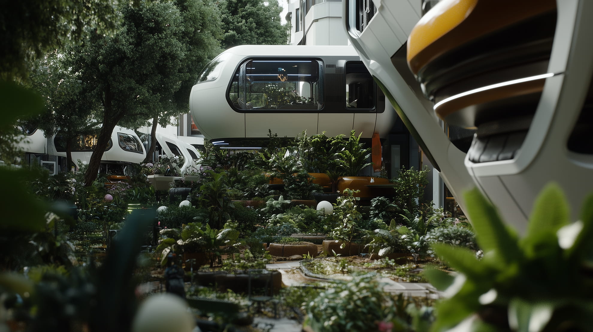 Business science fiction scenario — strategic imagination training by Practical Futures. Futuristic pod-shaped buildings elevated above a lush urban garden with trees and various plants.