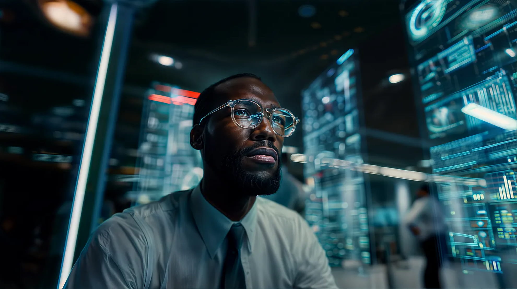 Business science fiction scenario — strategic imagination training by Practical Futures. Man wearing glasses and a tie looking intently at digital data on transparent screens in a dark high-tech office.
