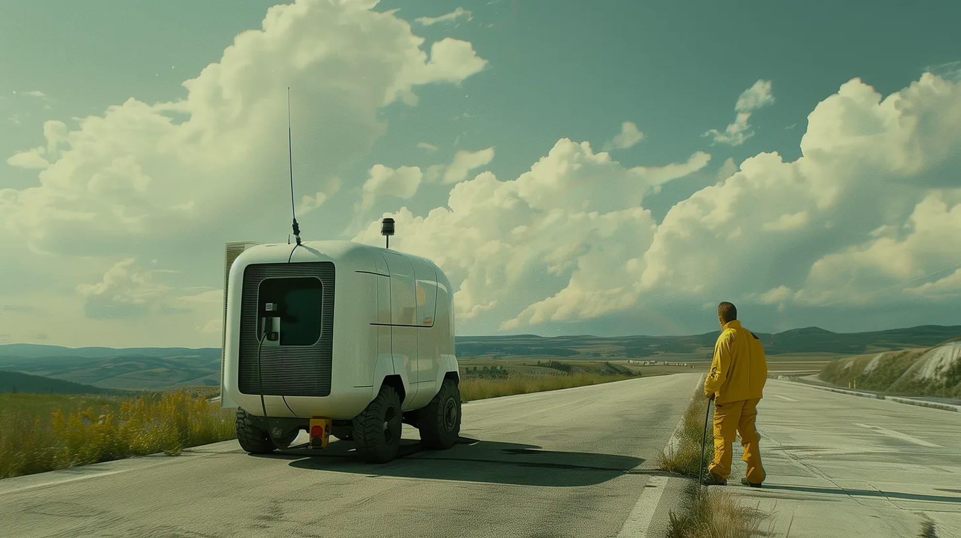 Man in yellow outfit walking with a cable along a paved road next to a small white autonomous vehicle under a partly cloudy sky.