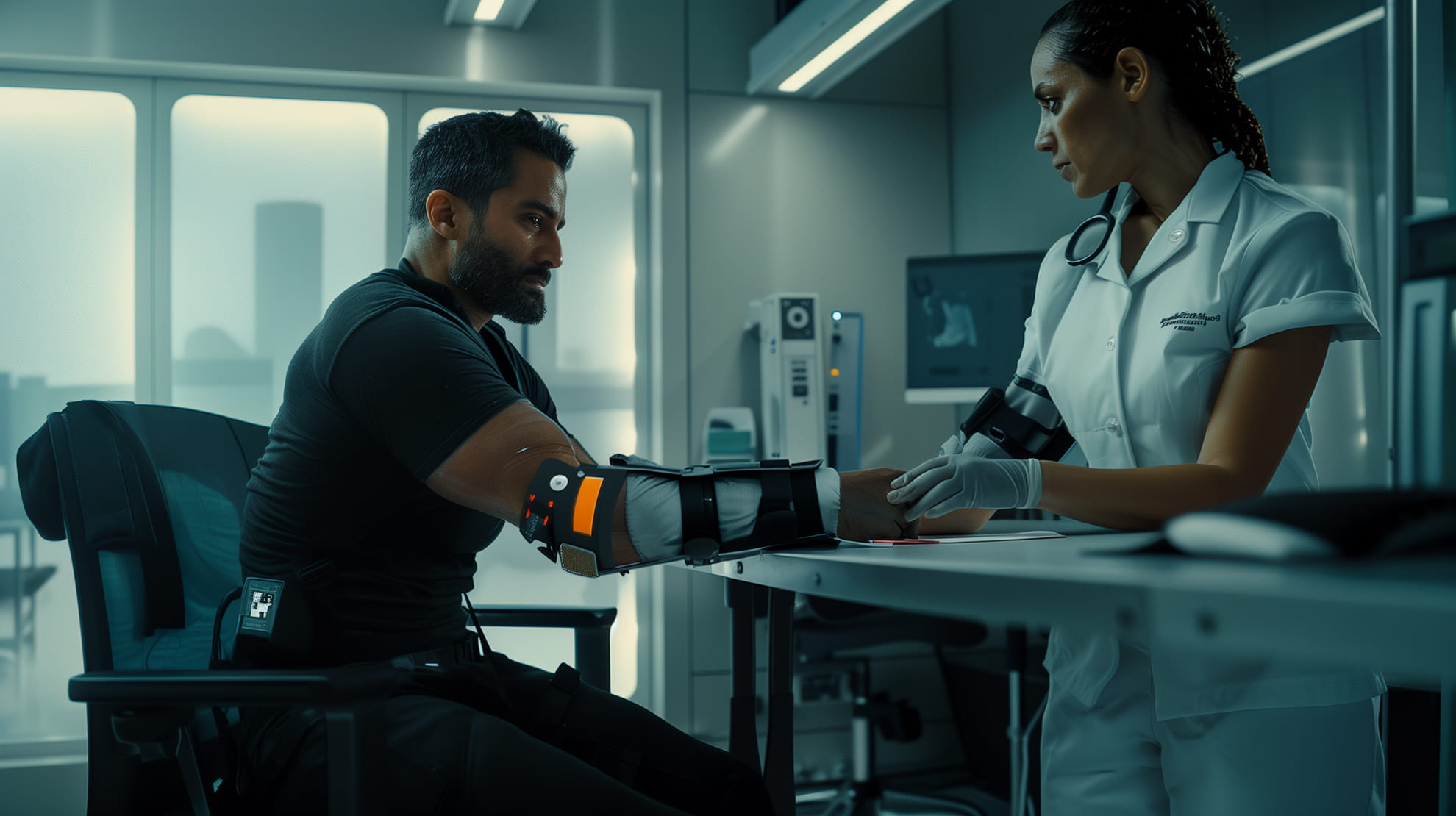 A male patient with a black arm brace sitting at a medical desk while a female doctor in a white coat and gloves examines his wrist.
