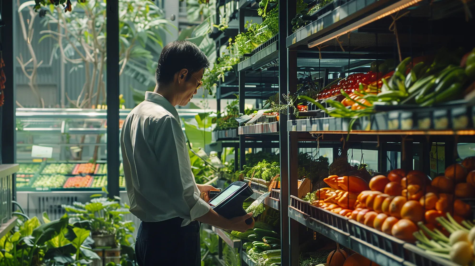Business science fiction scenario — strategic imagination training by Practical Futures. Man using a digital tablet while standing in a well-lit indoor greenhouse or market with shelves of fresh vegetables and plants.