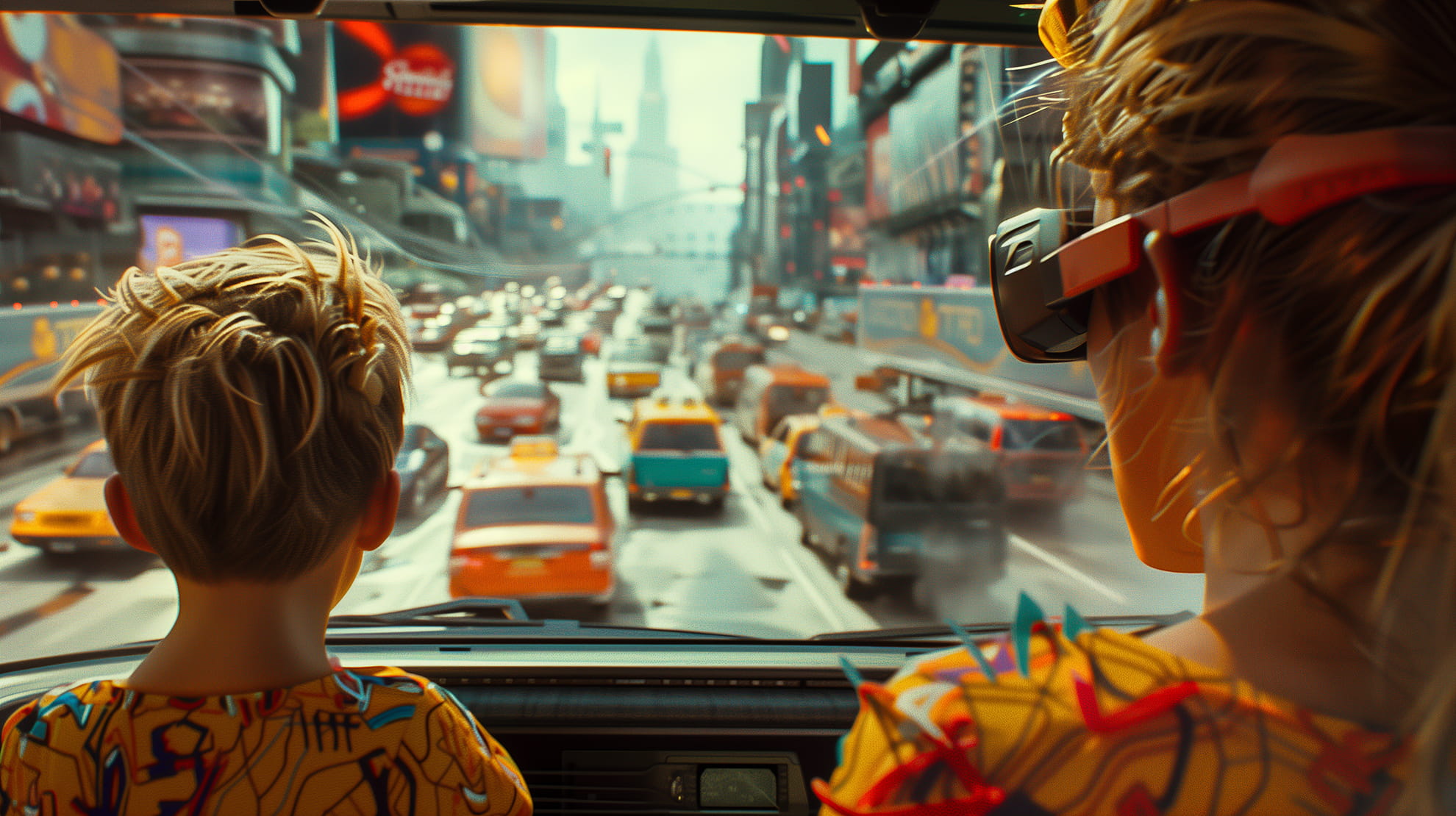 Business science fiction scenario — strategic imagination training by Practical Futures. Two people wearing colorful clothing looking out at heavy traffic in a busy city through a windshield.