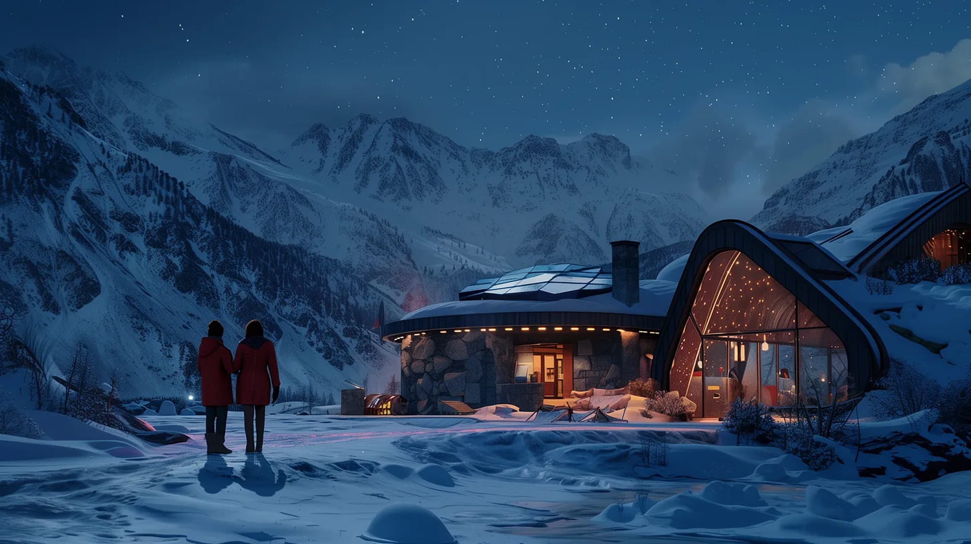 Business science fiction scenario — strategic imagination training by Practical Futures. Two people in red coats stand on snowy ground, looking at a warmly lit modern mountain cabin with large windows at night under a starry sky.