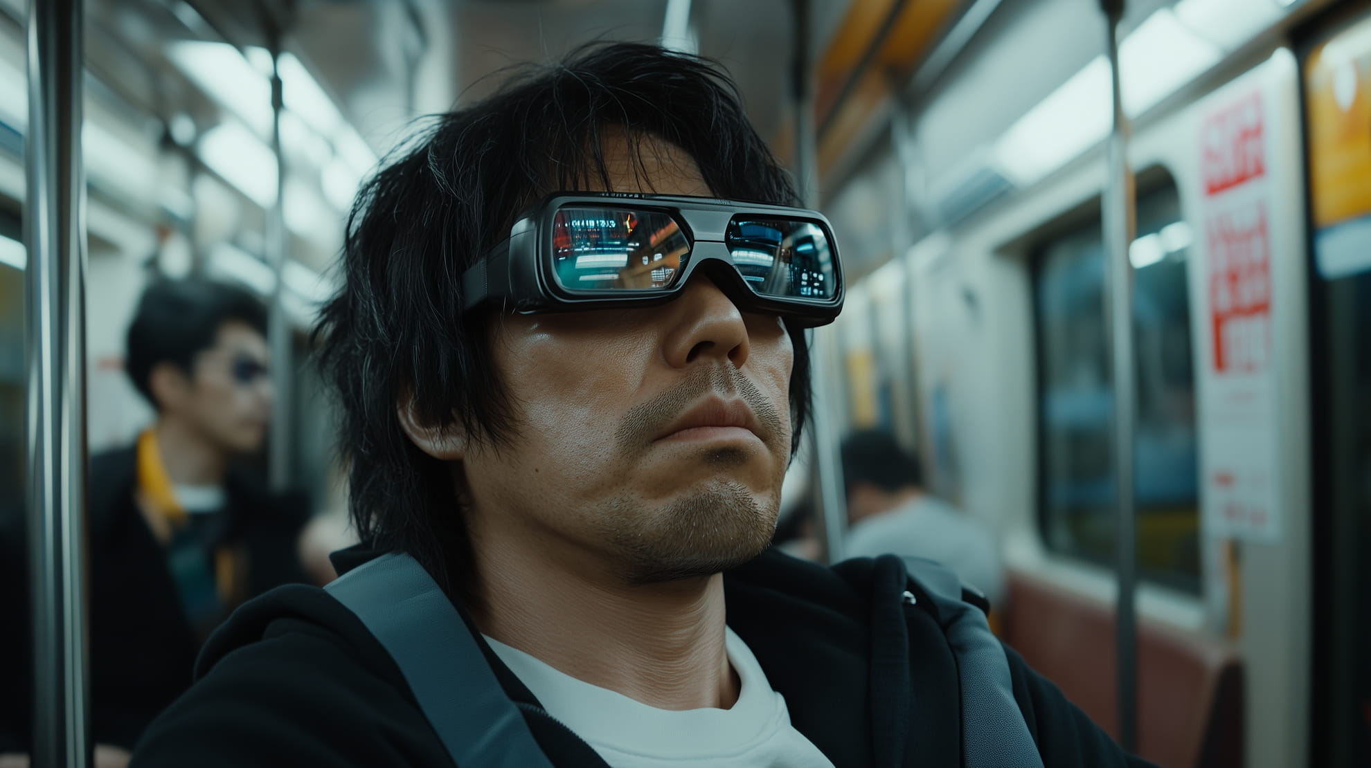 Business science fiction scenario — strategic imagination training by Practical Futures. Close-up of a man wearing futuristic smart glasses with digital reflections, sitting inside a subway train.