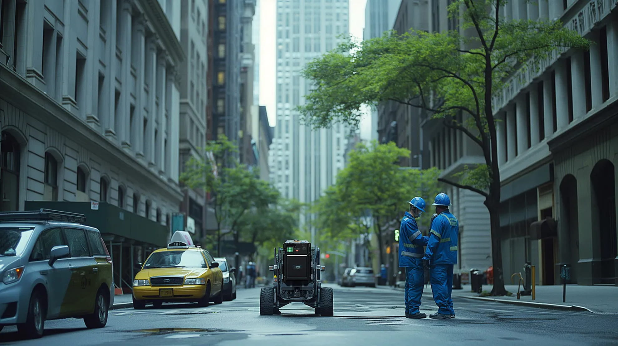 Business science fiction scenario — strategic imagination training by Practical Futures. Two workers in blue uniforms and helmets standing on a city street near a robotic device, with parked cars and tall buildings in the background.